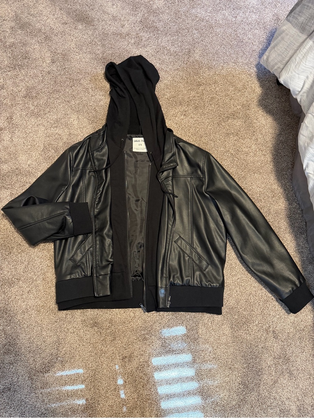 Women's Black Faux Leather Hooded Bomber Jacket